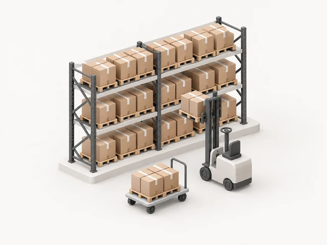 Racking full of identical pallets, with a forklift