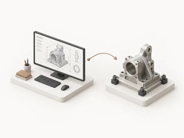 A drawing on screen and the part machined from it