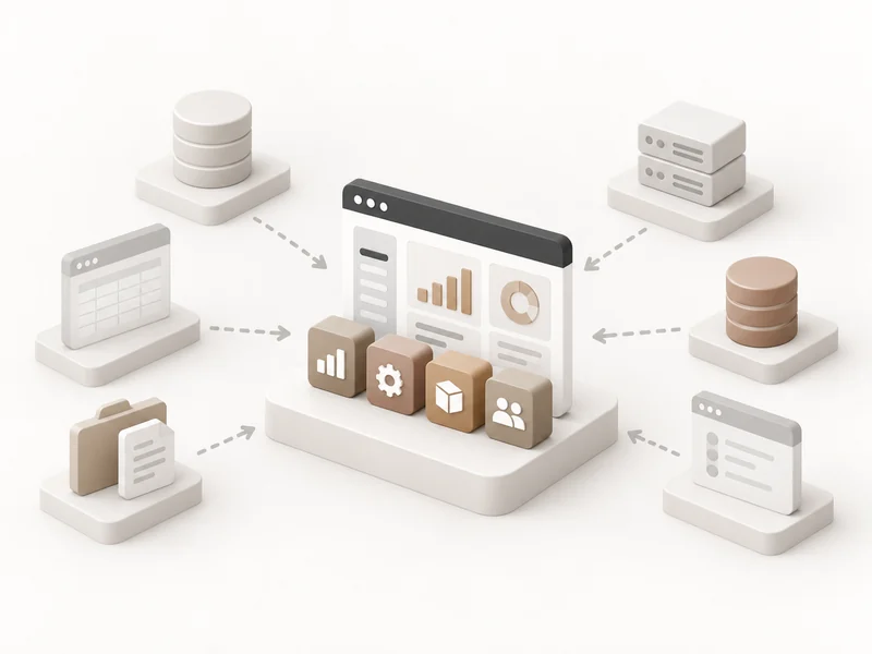 Databases and spreadsheets feeding into a single dashboard